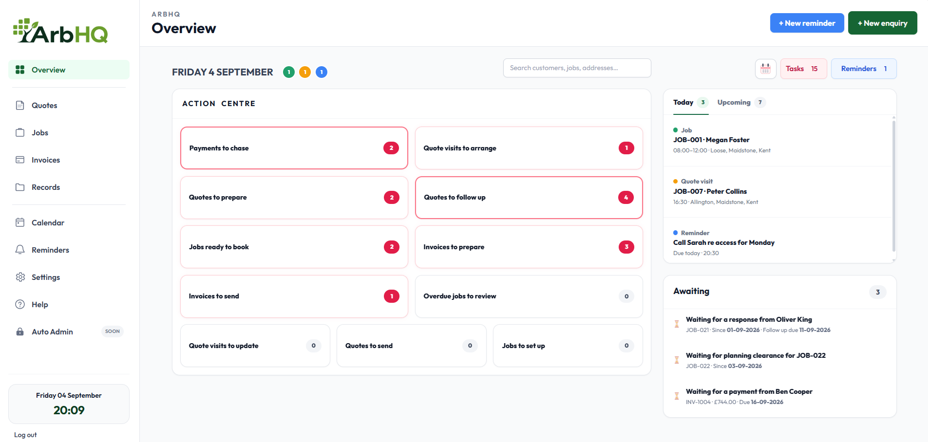 ArbHQ Overview showing the Action Centre, tasks, reminders and upcoming work